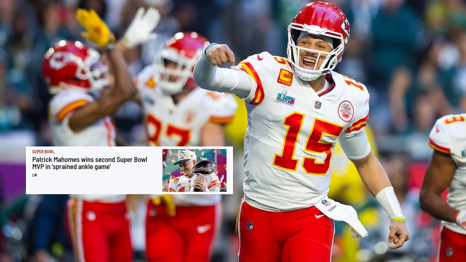 
                <strong>Marca (Spanien)</strong><br>
                "Patrick Mahomes gewinnt seinen zweiten Super Bowl MVP in einem Spiel, indem ein verstauchter Knöchel eine große Rolle spielt."
              