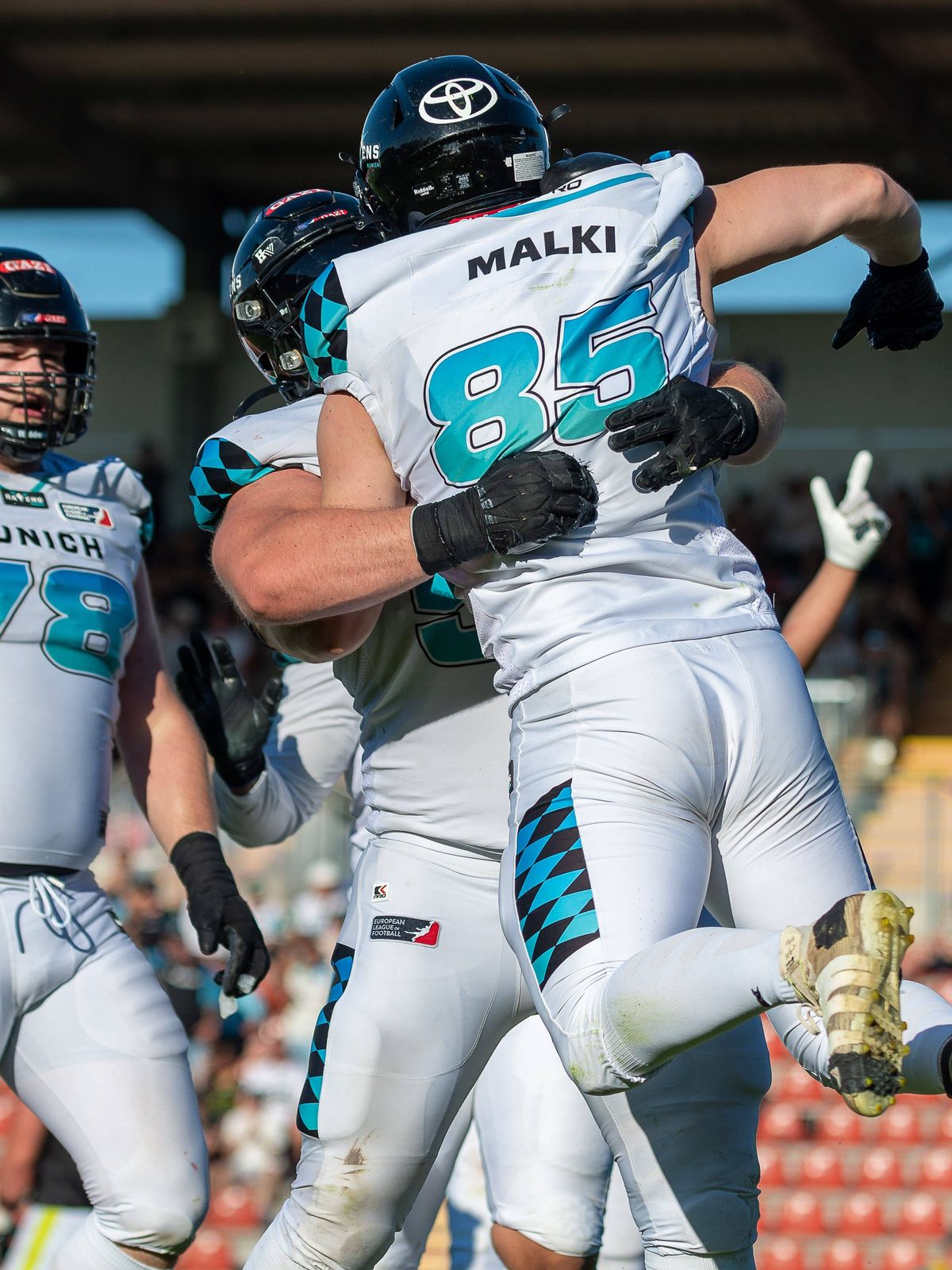 Marlon Malki (Munich Ravens 85), Touchdown, Munich Ravens vs. Stuttgart Surge, American Football, European League of Football, Spieltag 7, Saison 2025, 29.06.2025, Munich Ravens vs. Stuttgart Surge...