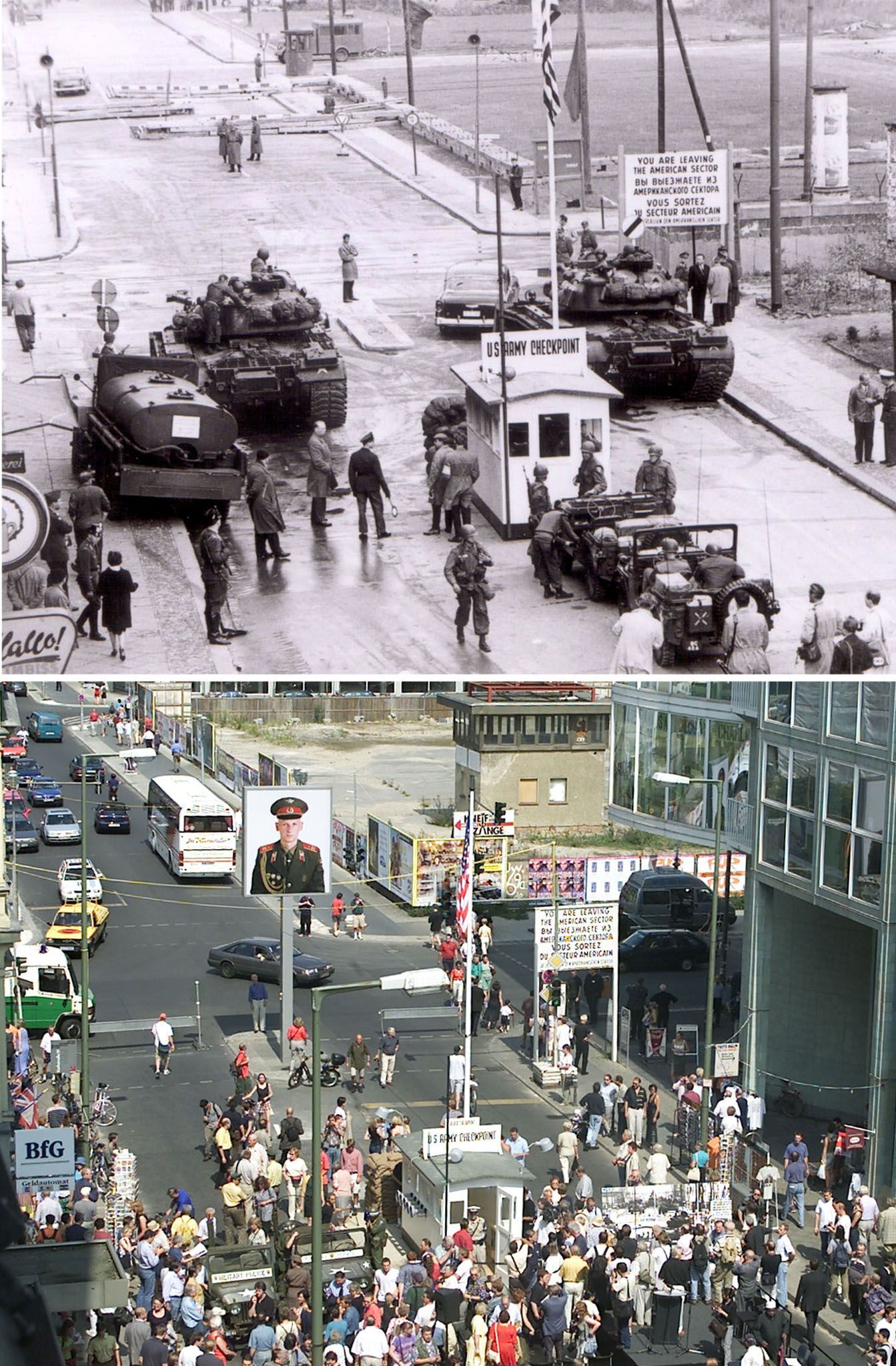 Ein Vergleichsbild zeigt den ehemaligen Checkpoint Charlie der Alliierten in Berlin während des Kalten Krieges im Jahr 1961 und während der Wiedereröffnung einer Nachbildung des Wachhauses am 13. August 2000. Die Wiedereröffnung fand anlässlich des 39. Jahrestages des Baus der Berliner Mauer am 13. August 1961 statt.