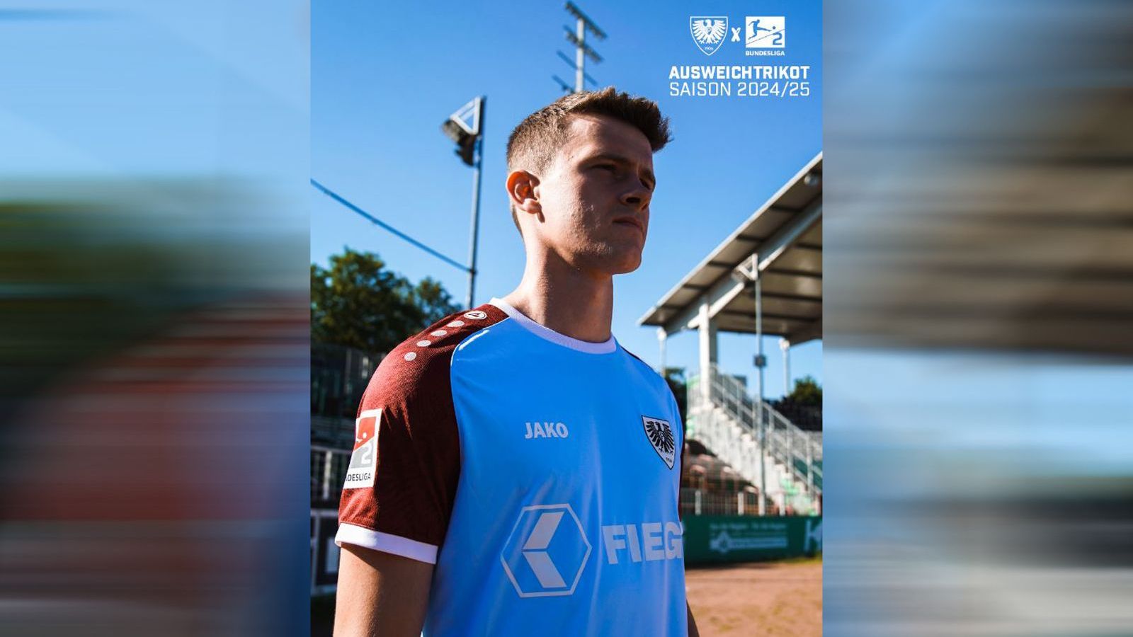 <strong>SC Preußen Münster - Ausweichtrikot</strong><br>Das Ausweichtrikot gibt ein wenig West-Ham-Vibes mit dem Bordeauxrot und dem hellen Blau. Grund für die ungewöhnliche Farbwahl: Eine DFL-Vorgabe, dass man sich möglichst deutlich von den anderen Jerseys abheben soll.