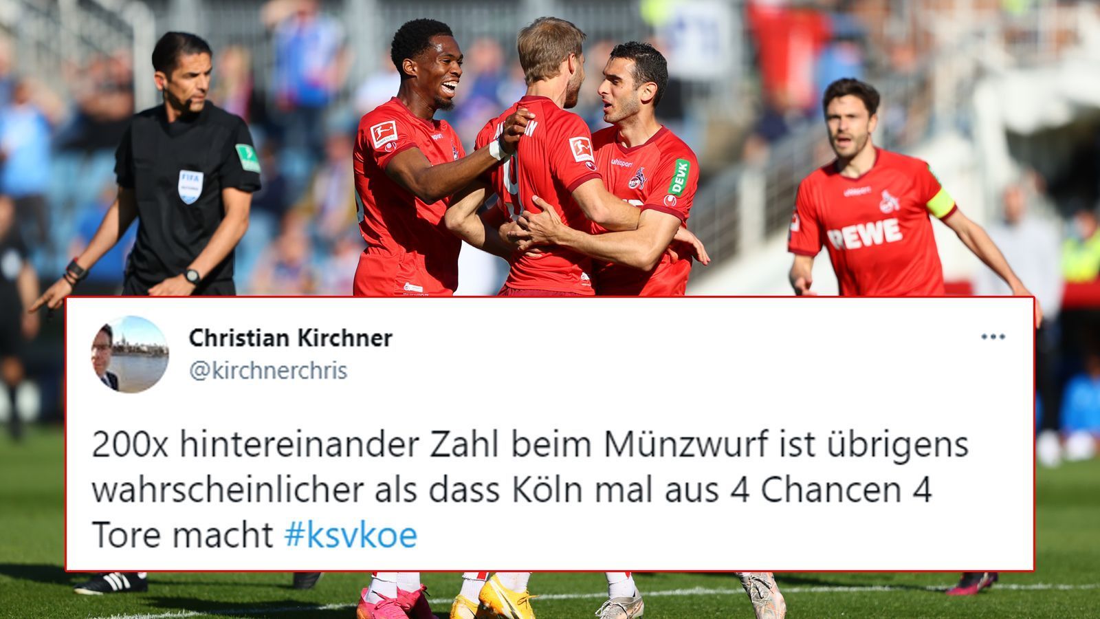 
                <strong>Kölner Lotto-Gewinner</strong><br>
                Und als wäre die Situation von Holstein Kiel noch nicht bitter genug, erlaubt es sich der FC auch noch, jede seiner Chancen in der ersten Halbzeit zu nutzen! Das ist quasi ein Sechser im Lotto. Das gibts eigentlich gar nicht. 
              