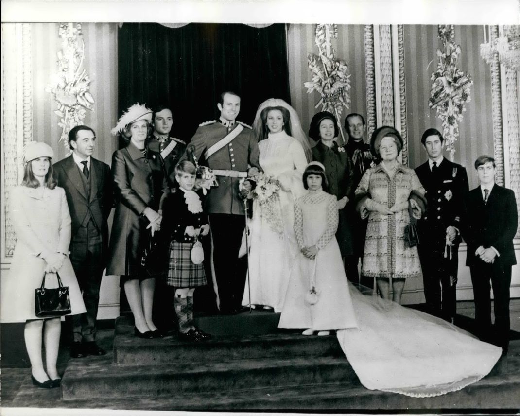 1962 - Wedding of Princess Anne and Captain Mark Phillips Family Groups in the Throne Room a t Buckingham Palace today (L to R): Miss Sarah Phillips; Mr. Peter Phillips; Mrs. Ann Philips; Captain Eric Grounds (Best Man); Prince Edward (Page), Captain Mark Phillips; Princess Anne; Lady Sarah Armstrong Jones (Bridesmaid); Queen Elizabeth; Duke of Edinburgh; Queen Mother; Prince Charles and Price Andrew