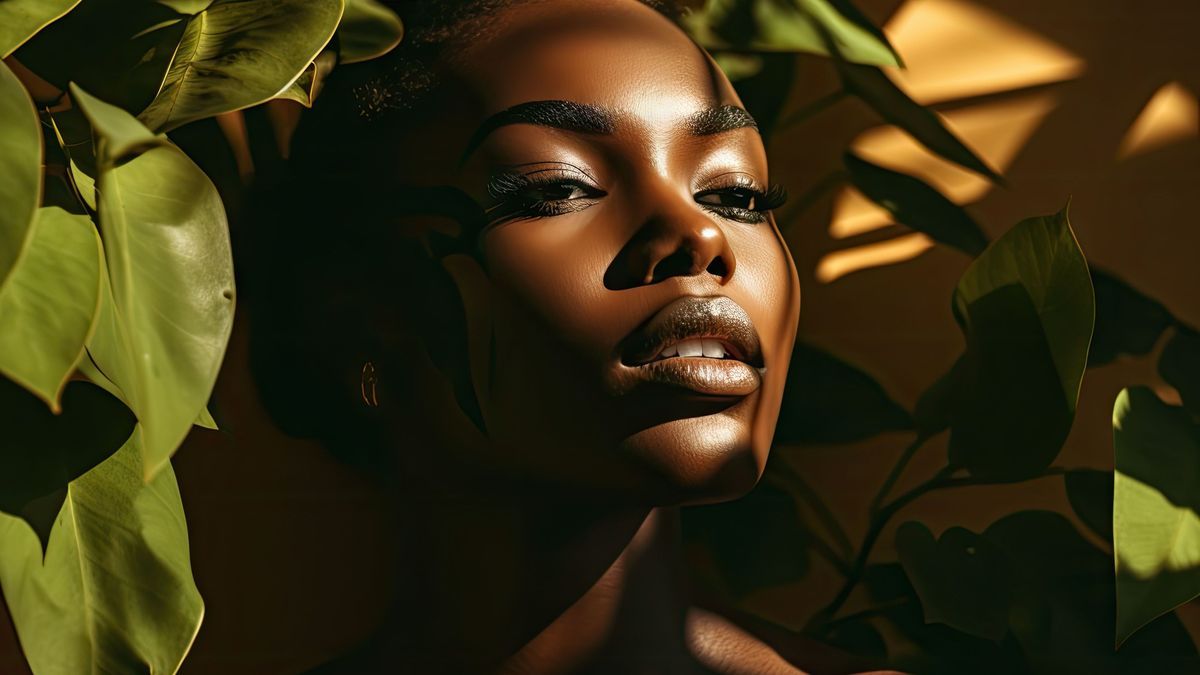 Beauty portrait of black woman with nature green leaf