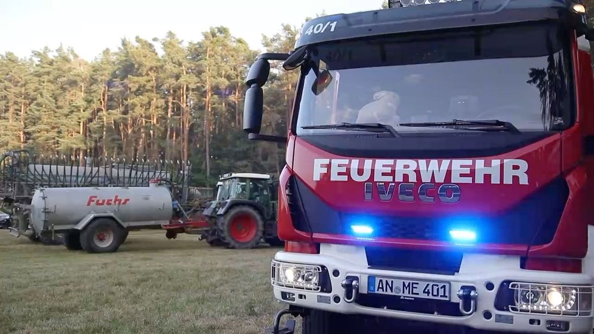 Ein Feuerwehrwagen steht vor dem betroffenen Waldstück.