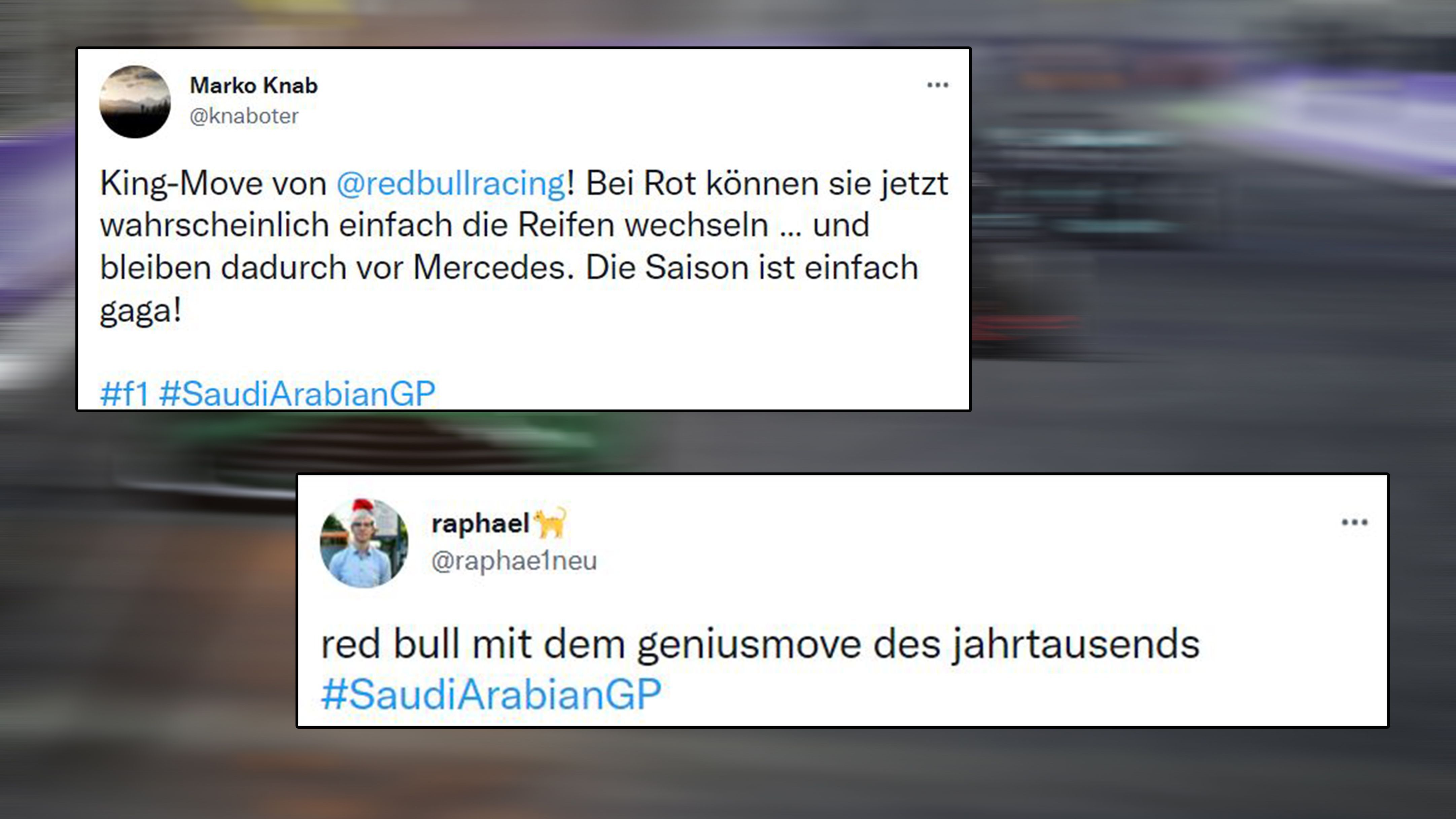 
                <strong>Red Bull spekuliert und profitiert </strong><br>
                Während Mercedes in der Safety Car Phase in die Boxengasse kommt und die Reifen wechselt, bleibt Red Bull draußen. Weil die Bande nach dem Schumi-Crash nicht schnell repariert werden kann, werden rote Flaggen geschwenkt. Alle Fahrer in die Box. Verstappen kann in aller Ruhe Reifen wechseln und bleibt vorne. Dem Netz gefällt es. 
              