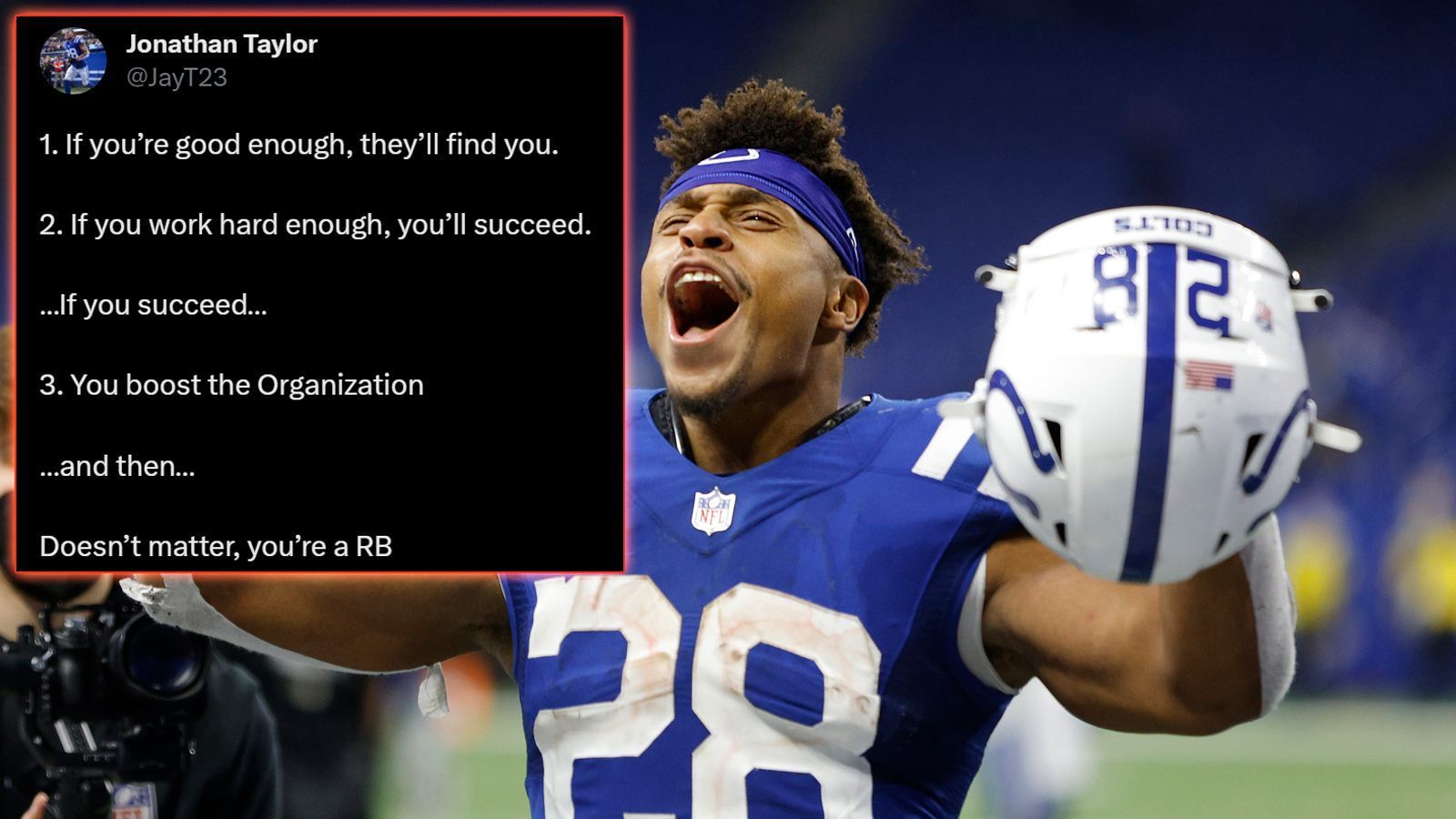 
                <strong>Jonathan Taylor</strong><br>
                Running Back Jonathan Taylor von den Indianapolis Colts schnappt den Ausgangstweet des "ESPN" Analysten auf und ergänzt spöttisch: "1. Wenn du gut genug bist, finden sie dich. 2. Wenn du hart genug arbeitest, wirst du siegen. Wenn du siegst ... 3. bringst du die Organisation nach vorne ... und dann ... total egal, du bist ein Running Back."
              