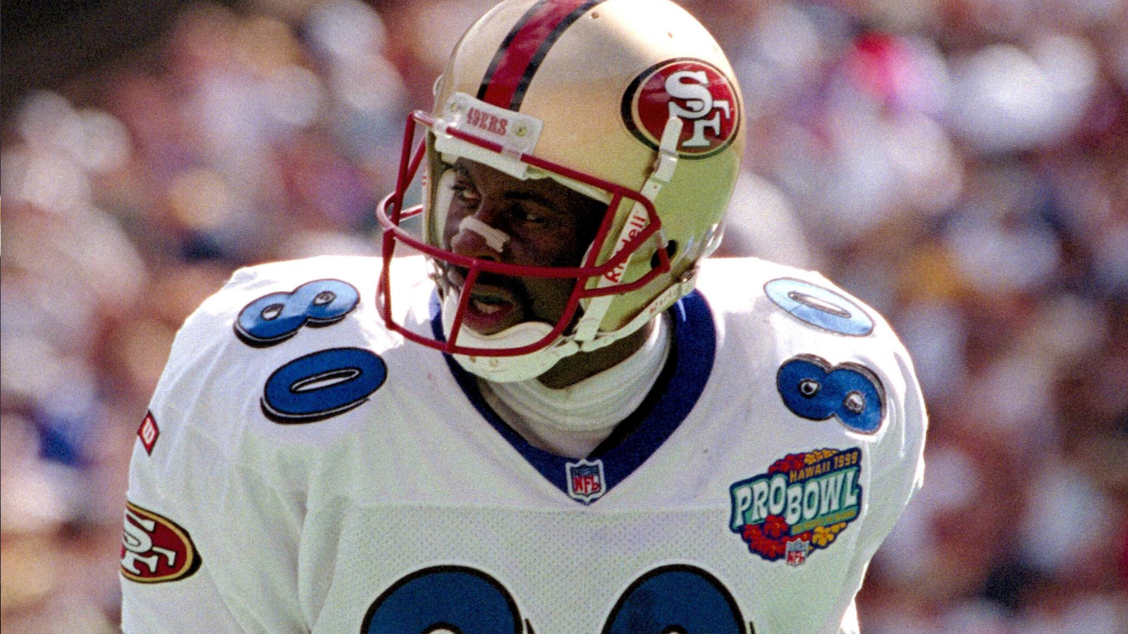 
                <strong>Platz 6 (geteilt): Jerry Rice</strong><br>
                &#x2022; Nominierungen für den Pro Bowl: 13 -<br>&#x2022; Position: Wide Receiver -<br>&#x2022; Teams: San Francisco 49ers, Oakland Raiders, Seattle Seahawks, Denver Broncos<br>
              