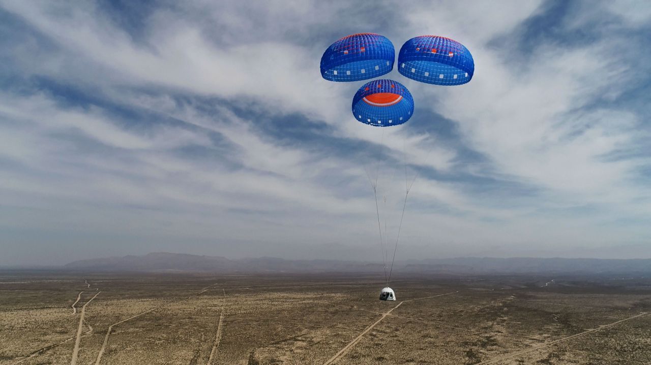 Die Weltraumtouristen landen in der NewShepard-Kapsel wie die Kosmonauten in der Sojus-Kaspel - am Fallschirm.