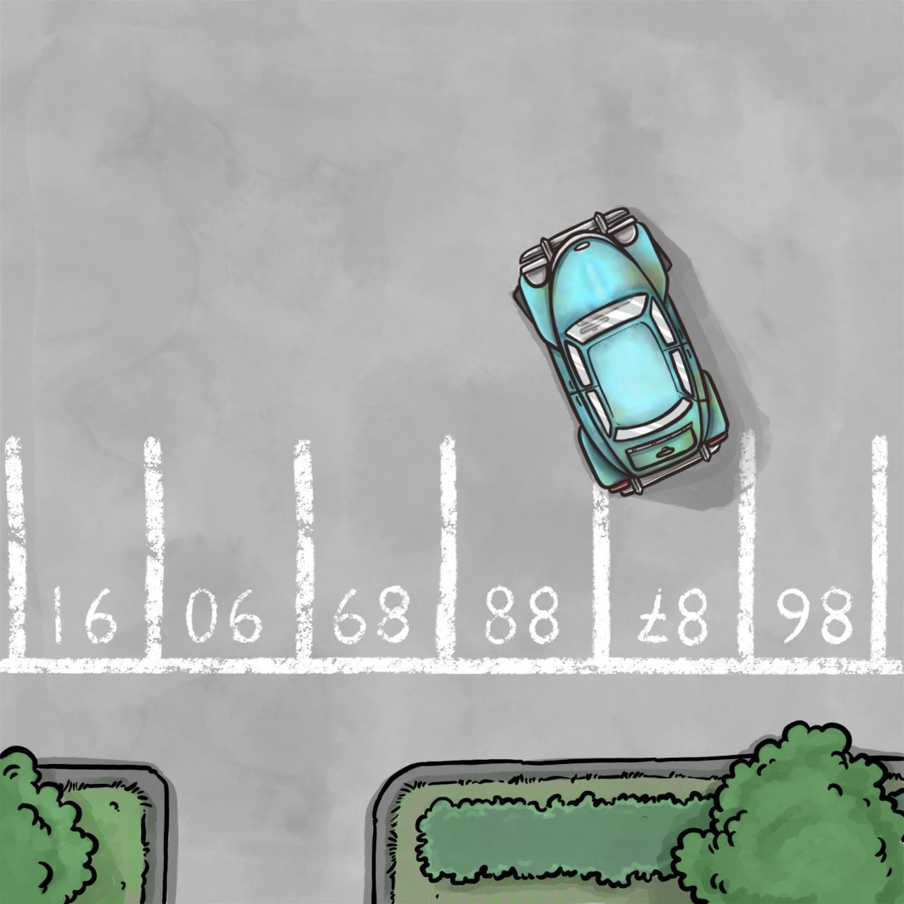 Lösung: Die Nummern stehen auf dem Kopf. Das Auto parkt auf Nummer 87. 