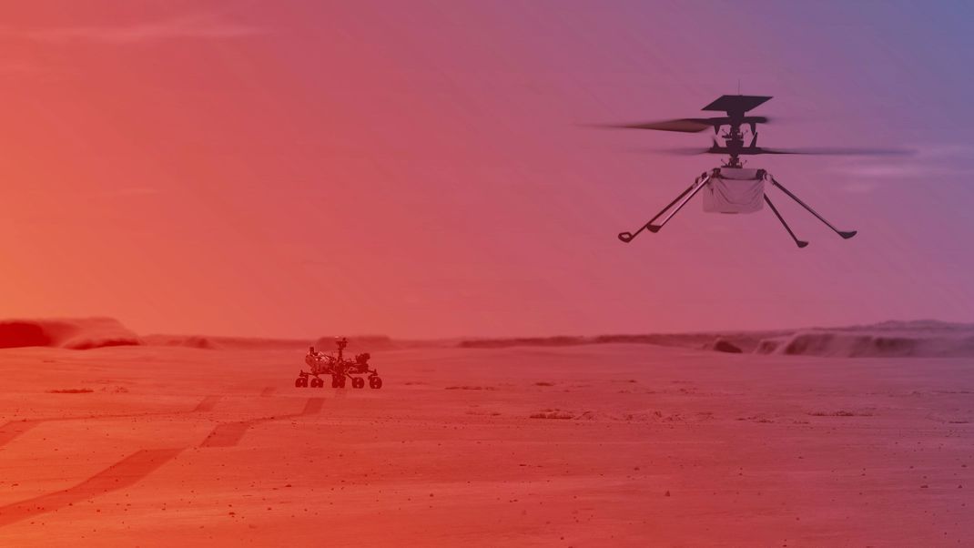 Eine Illustration des Ingenuity-Helikopters der NASA auf dem Mars. Ingenuity ist das erste Fluggerät, das einen angetriebenen, kontrollierten Flug auf einem anderen Planeten versucht. Ingenuity kam am 18. Februar 2021 auf dem Mars an, befestigt an der Unterseite des Mars 2020 Perseverance-Rovers der NASA.