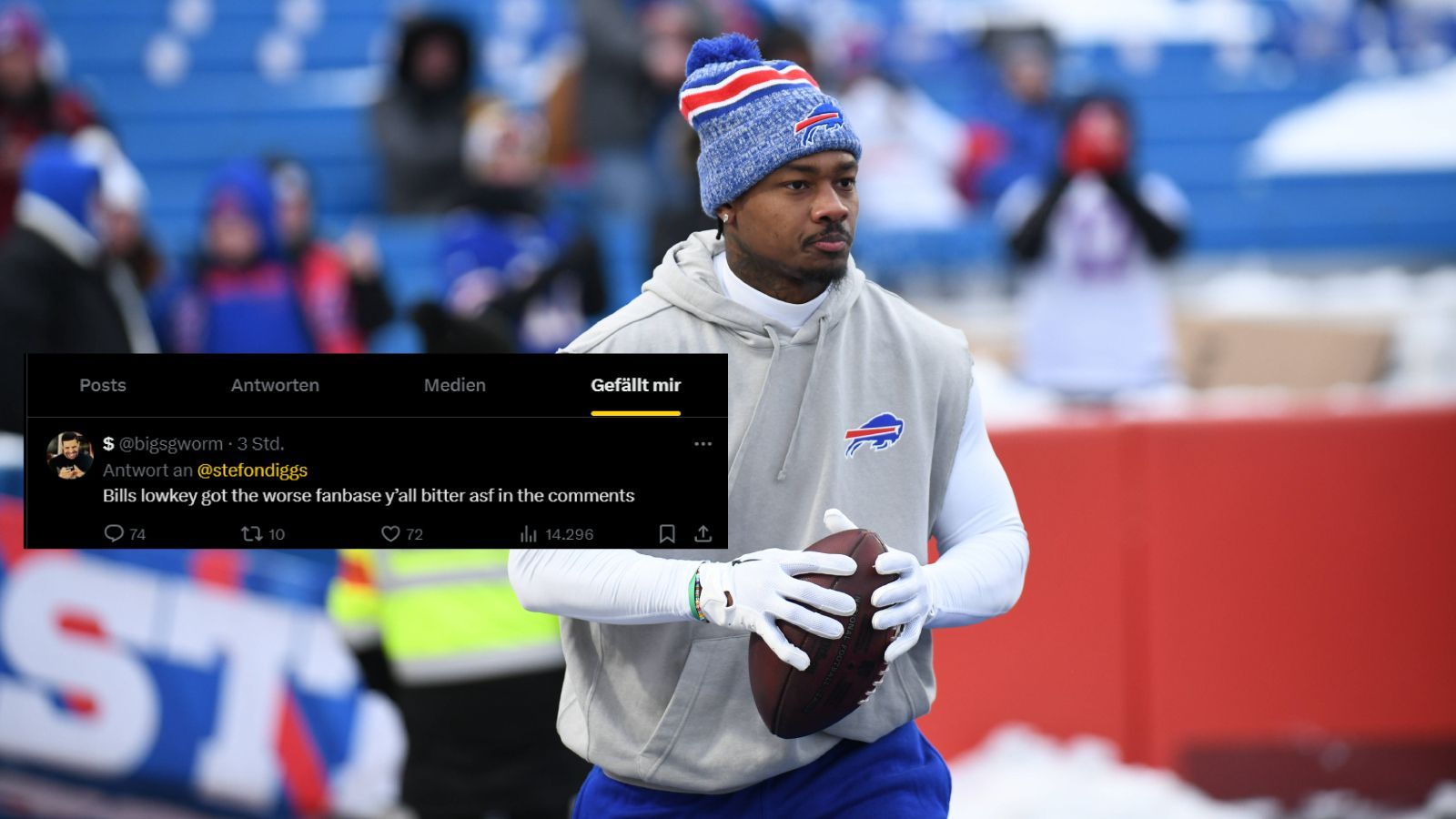 <strong>Like von Stefon Diggs sorgt für Verwirrung</strong><br>Nimmt Star-Wide-Receiver Stefon Diggs den Abschied aus Buffalo doch nicht so schwer? Der Neu-Texan hat auf "X" einen Post mit einem Like versehen, der die Bills-Fans "als schlimmste Fanbase" bezeichnet. "In den Kommentaren sind alle so verbittert." Das bezieht sich auf die Kommentare von Bills-Fans, die Diggs seinen Abgang übel nehmen.