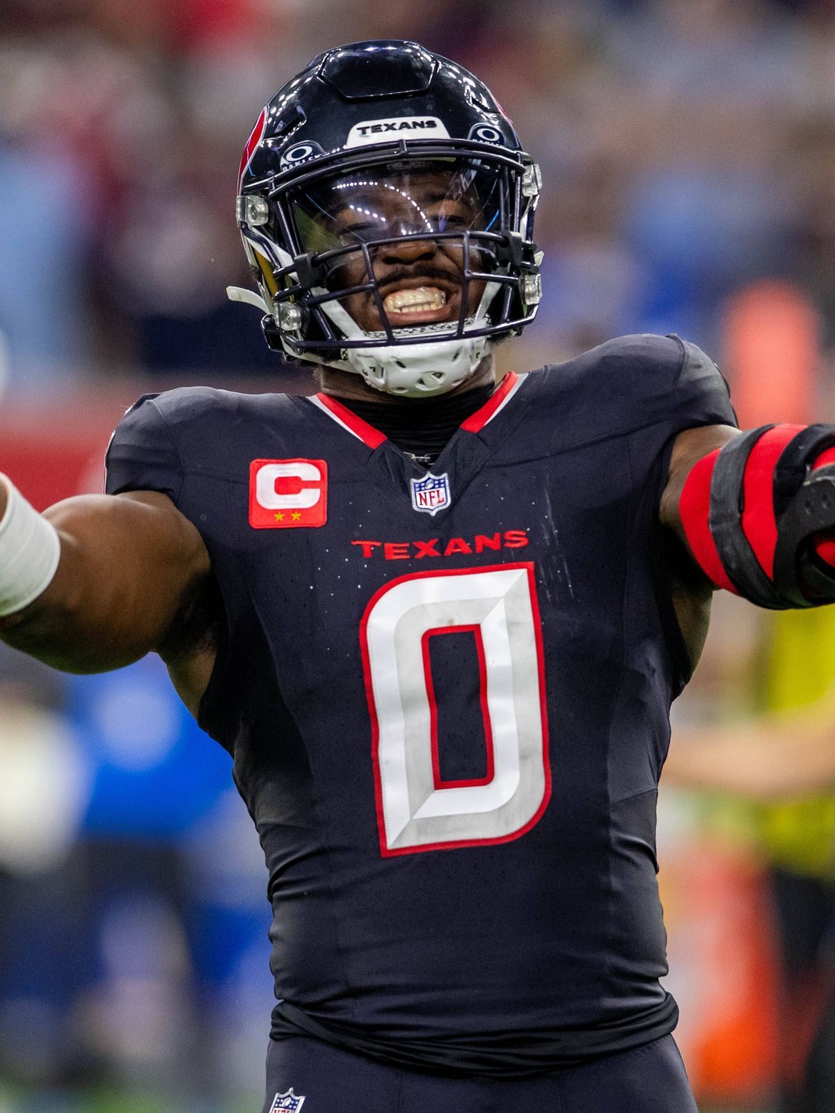 January 11, 2025: Houston Texans linebacker Azeez Al-Shaair (0) celebrates a defensive stop during a playoff game between the Los Angeles Chargers and the Houston Texans in Houston, TX. .. CSM Hous...