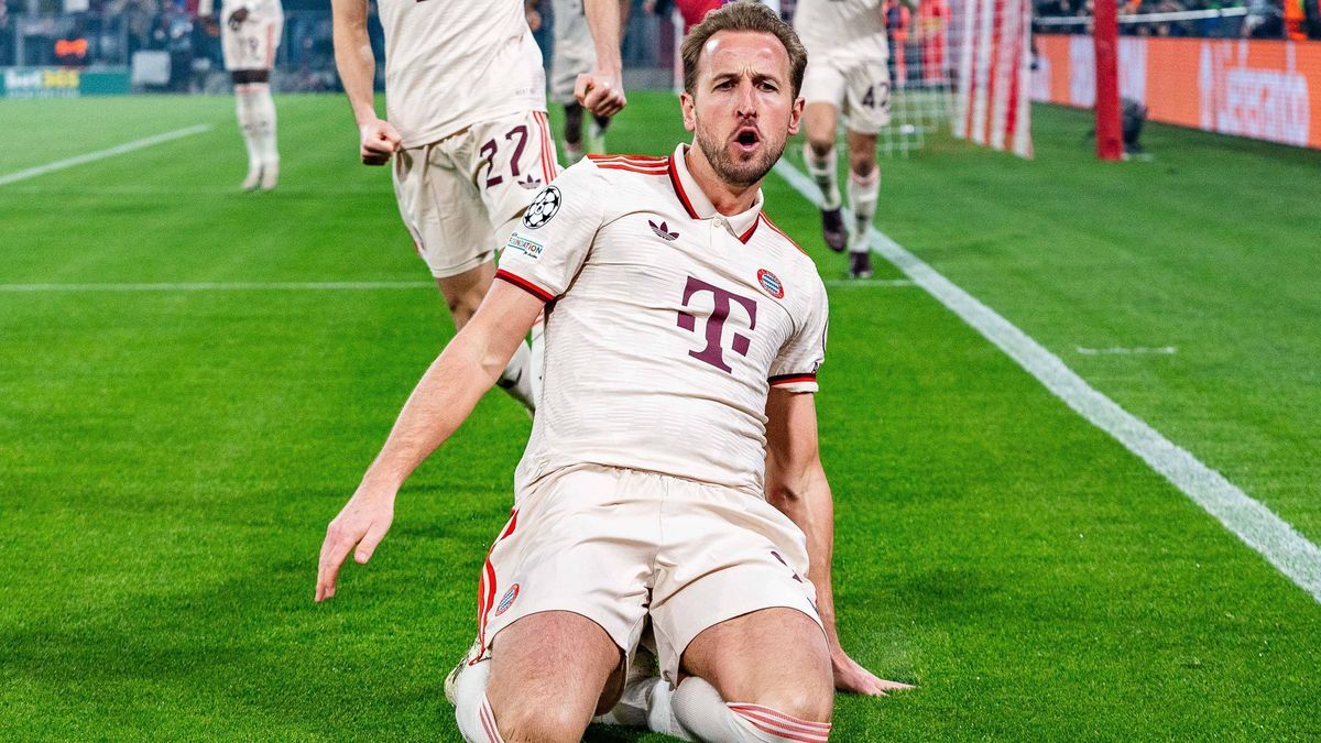 05.03.2025, FC Bayern München vs. Bayer Leverkusen, UEFA Champions League, Achtelfinale-Hinspiel Tor zum 1:0 durch Harry Kane (FC Bayern Muenchen, 9) *** 05 03 2025, FC Bayern München vs Bayer Leve...