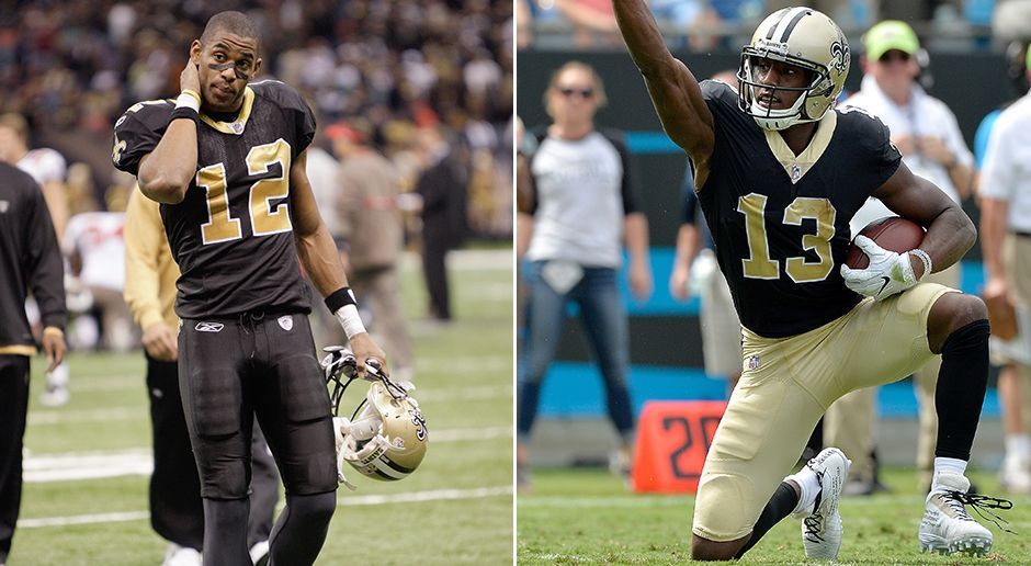 
                <strong>Wide Receiver</strong><br>
                2009: Marques Colston (links) 2017: Michael Thomas (rechts)Marques Colston glänzte mit 1074 Receiving-Yards und neun Touchdowns. In Sachen Yards hat Michael Thomas ihn schon mit 1085 Yards überholt, Touchdowns gelangen ihm aber erst fünf.
              