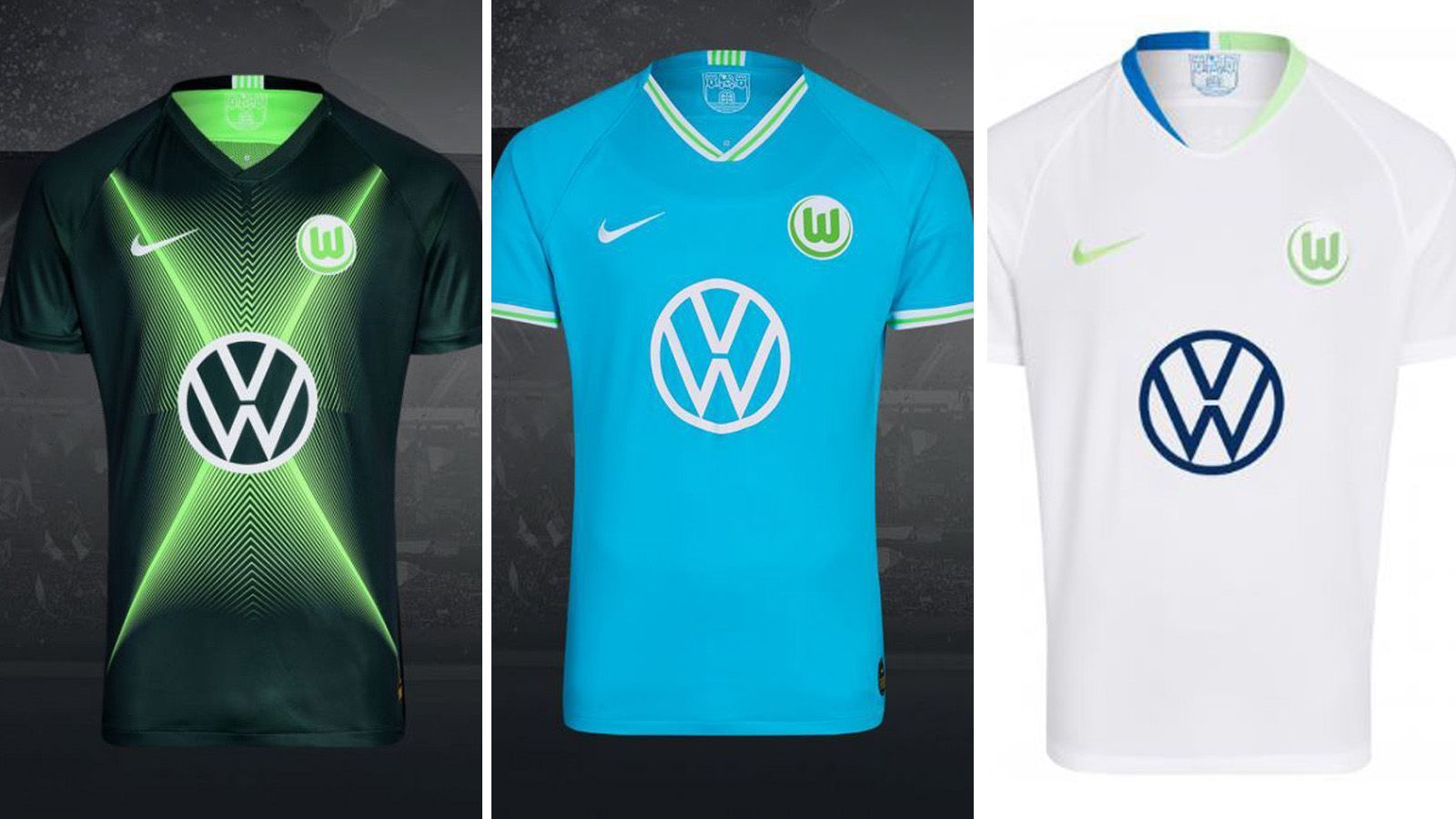 
                <strong>VfL Wolfsburg</strong><br>
                Das in kräftigem Dunkelgrün gehaltene Heimtrikot der Niedersachen hat helle, leuchtende Streifen, die raffiniert ein X mit verschiedenen Linienstärken darstellen. Das Auswärtstrikot ist hingegen ganz in Türkis mit schmalen grünen Streifen am Kragen und dem Kragen. Auch das Eventtrikot ist schlicht, überwiegend einfarbig gehalten. Das weiße Trikot wird durch grüne und blaue Elemente abgerundet.
              