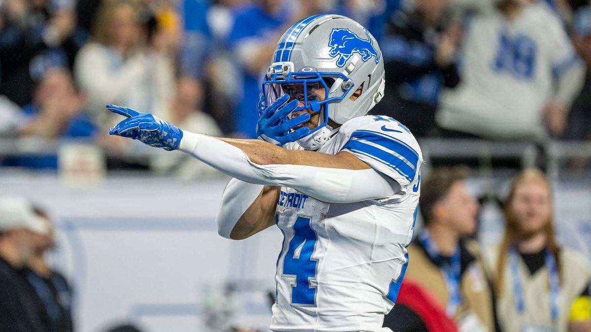 DETROIT, MI - DECEMBER 04: Detroit Lions Wide Receiver Amon-Ra St. Brown (14) celebrates his big run after catch during the game between Dallas Cowboys and Detroit Lions on December 4, 2025 at Ford...