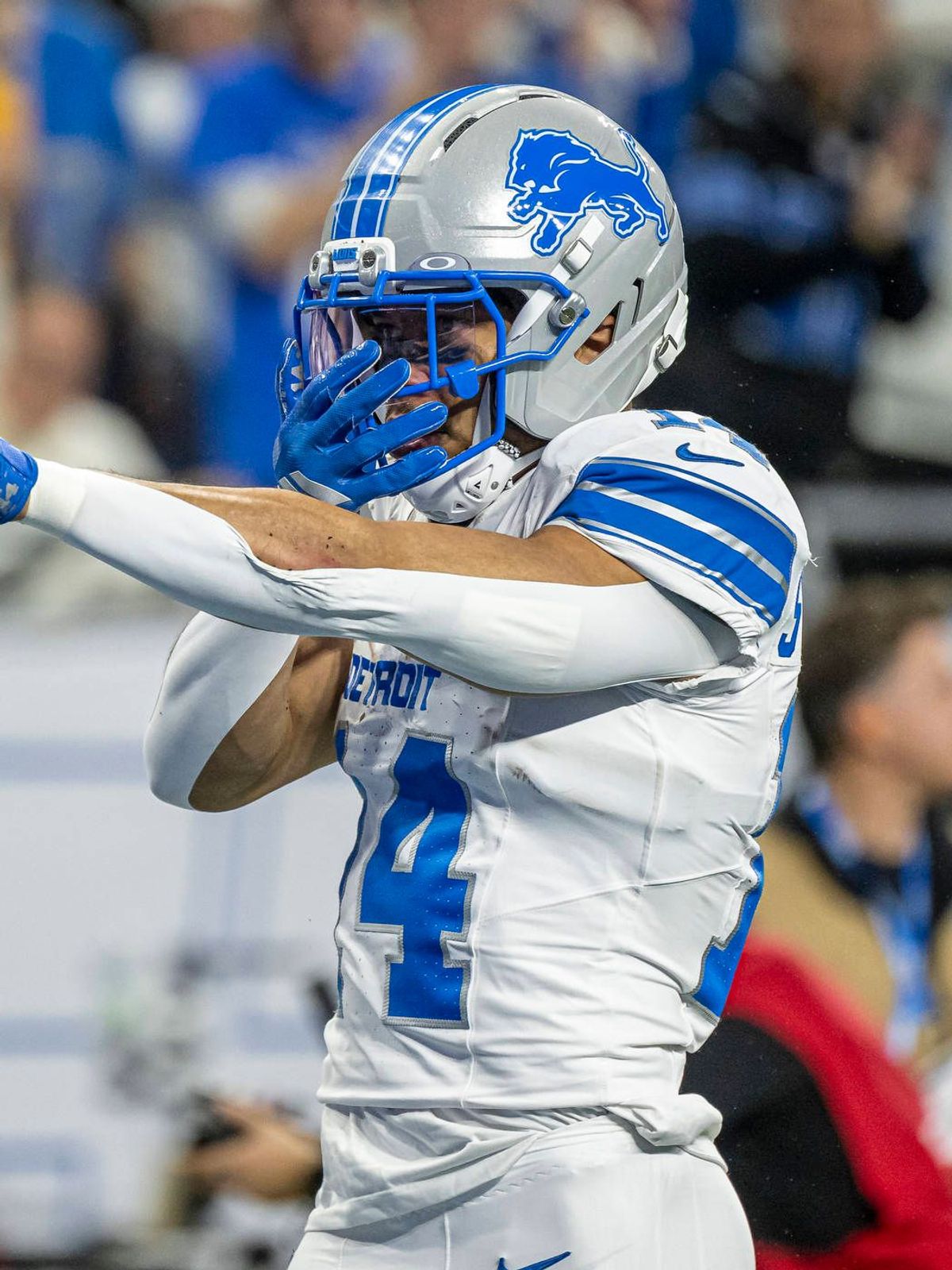 DETROIT, MI - DECEMBER 04: Detroit Lions Wide Receiver Amon-Ra St. Brown (14) celebrates his big run after catch during the game between Dallas Cowboys and Detroit Lions on December 4, 2025 at Ford...