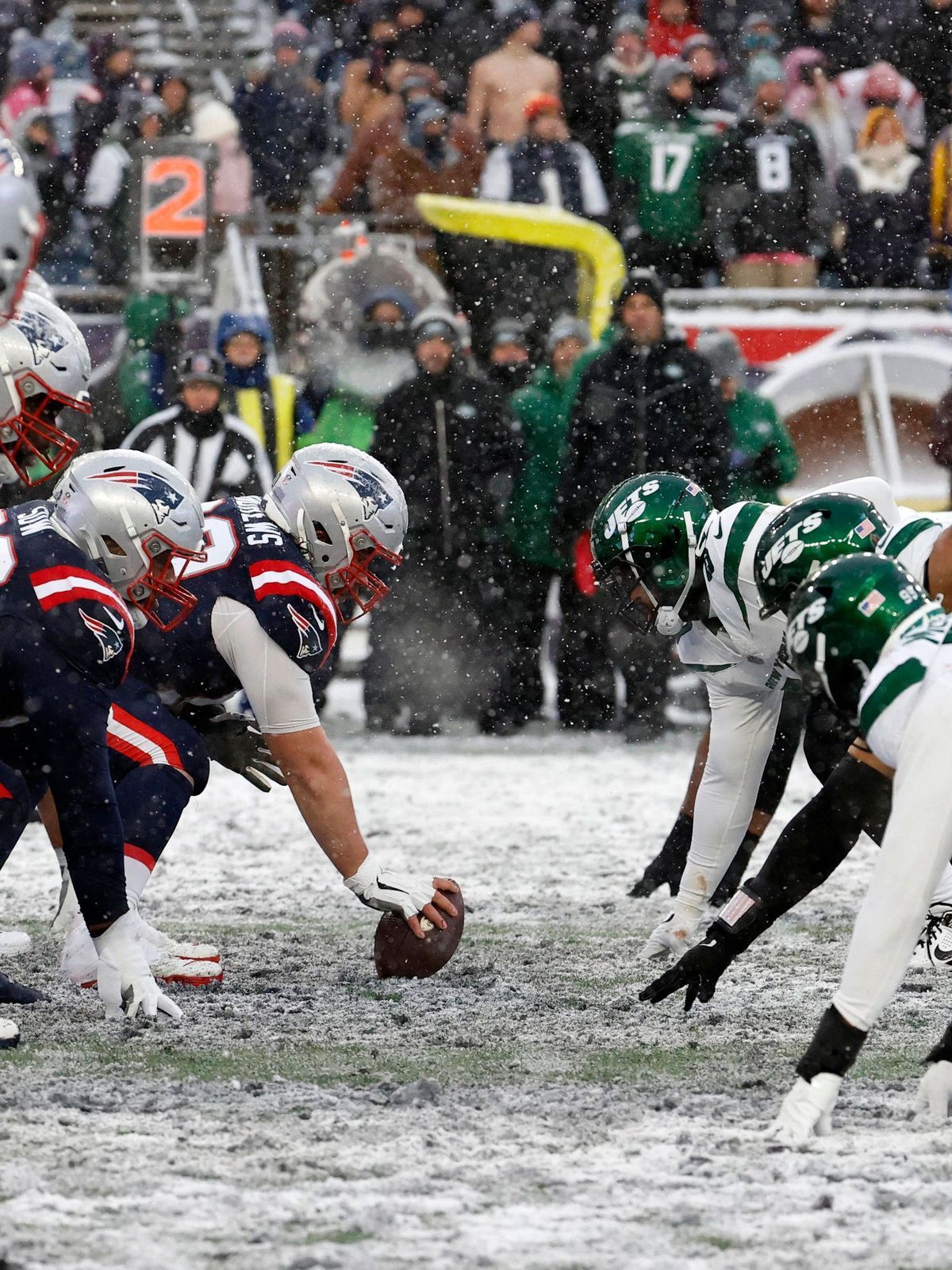 FOXBOROUGH, MA - JANUARY 07: At the line of scrimmage during a game between the New England Patriots and the New York Jets on January 7, 2024, at Gillette Stadium in Foxborough, Massachusetts. (Pho...