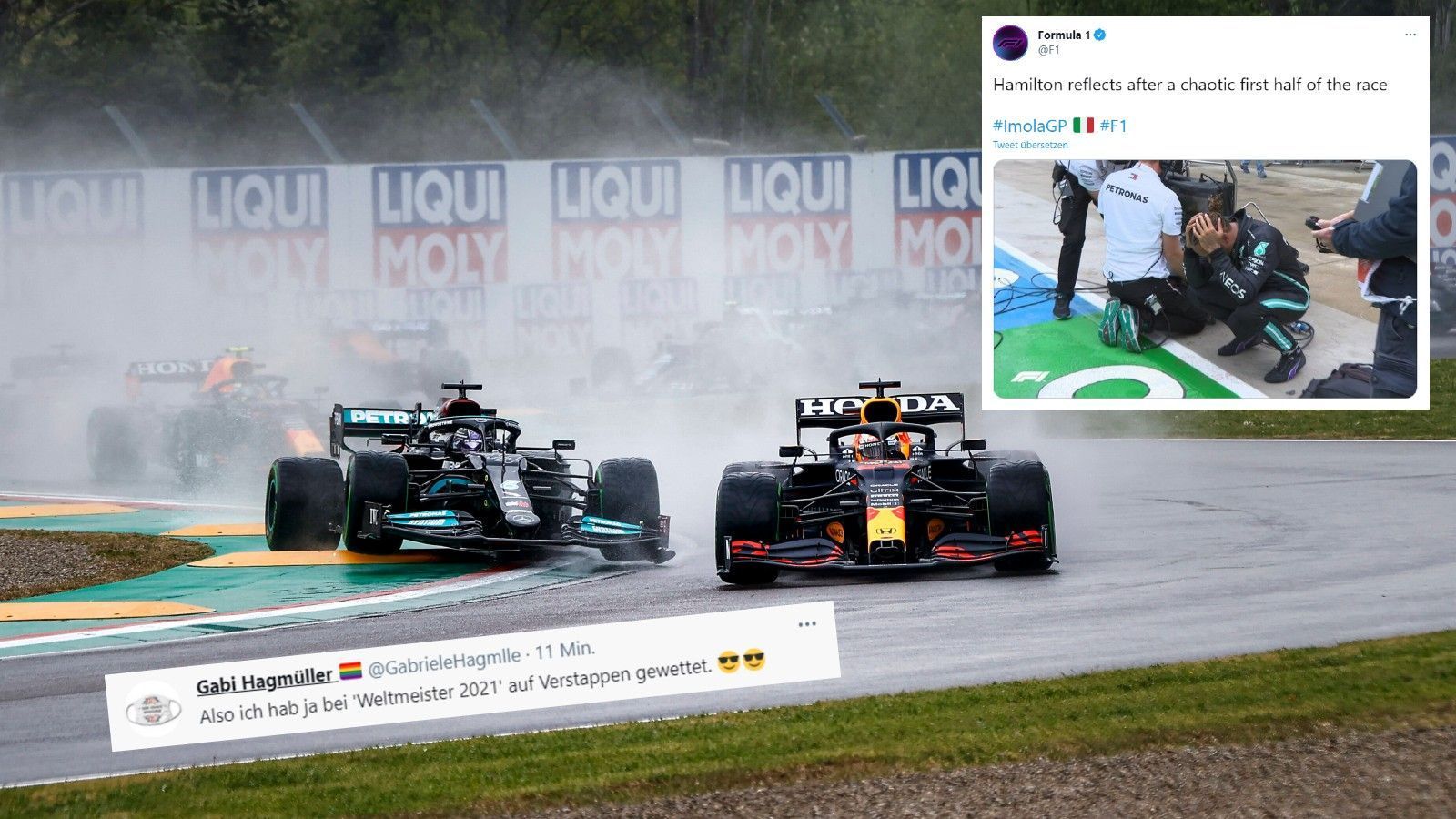 
                <strong>Verstappen feiert - Hamilton kämpft sich zurück</strong><br>
                Ein Wahnsinns-Duell lieferten sich Verstappen und Hamilton. Am Start zog der Niederländer am Briten vorbei, später kam Hamilton von der Strecke ab und wurde zurückgeworfen. Doch der Mercedes-Pilot erkämpfte sich am Ende Rang zwei - hinter Verstappen. Im Netz war die Freude über den Red-Bull-Sieg groß.
              