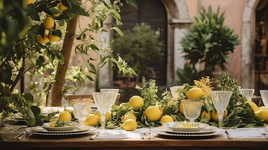 Mit Zitronen als Tischläufer und einigen Zweigen wirkt dein Tisch feierlich mediterran.