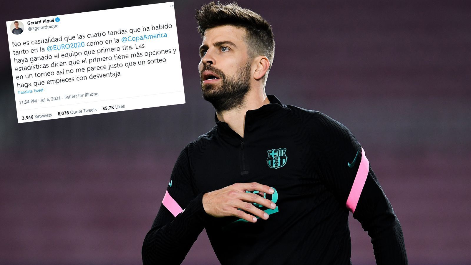 
                <strong>Das sagt Gerard Pique</strong><br>
                In einem Tweet machte Gerard Pique in der Nacht zum Mittwoch seinem Unmut über den vermeintlich unfairen Modus im Elfmeterschießen Luft. "Es ist kein Zufall, dass die vier Teams, die bei der EM und der Copa America im Elfmeterschießen gewonnen haben, den ersten Schuss hatten", so Pique. "Die Statistiken zeigen, dass das zuerst schießende Team mehr Optionen hat und in einem Turnier erscheint es mir unfair, dass das andere Team einen solchen Nachteil hat."
              