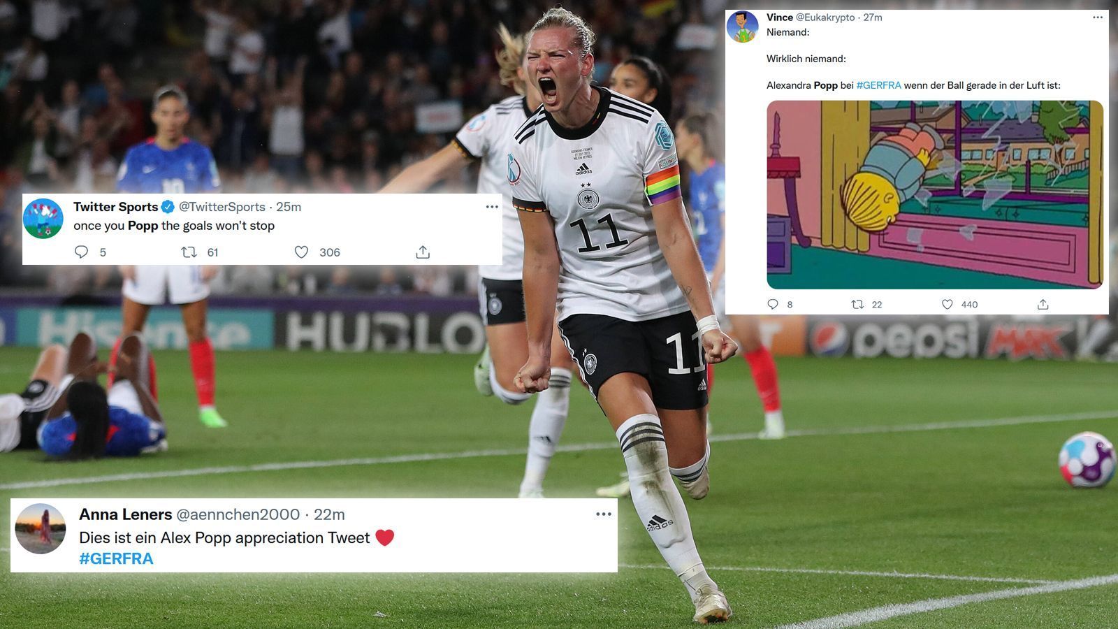 
                <strong>Popp wird auf Twitter gehuldigt</strong><br>
                "Dies ist ein Alexandra Popp Appreciation Tweet" oder "once you Popp the goals won't stop" - die Leute adeln Alex Popp. Auch in der Luft ist sie eine Macht.
              