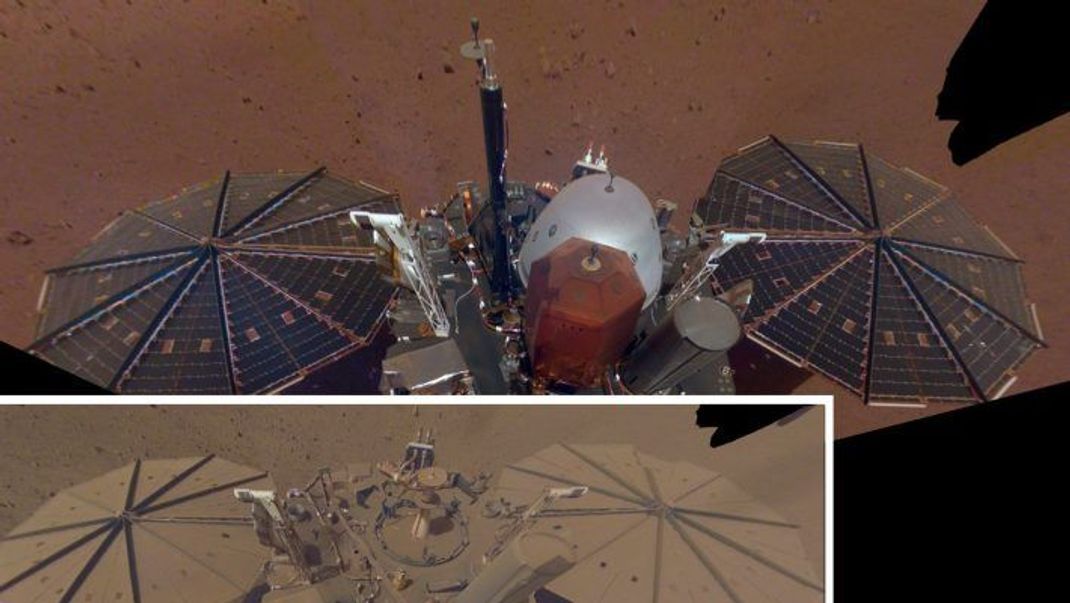 Der Raumsonde "InSight" machte der Mars-Staub zu schaffen. Die Solarpanelen waren derart damit zugedeckt (im unteren Bildteil zu sehen), dass der Roboter kaum noch Energie erzeugen konnte. Die NASA hat "InSight" daher im Dezember 2022 in den Schlafmodus versetzt.