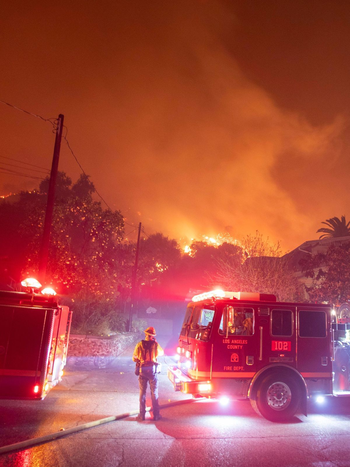 California Wildfire: Eaton Fire - 8 Jan 2025 Firefighters battle the Eaton fire as its burns in Sierra Madre. Firefighters battled a fast-moving fire that erupted on Eaton in Sierra Madre, spreadin...