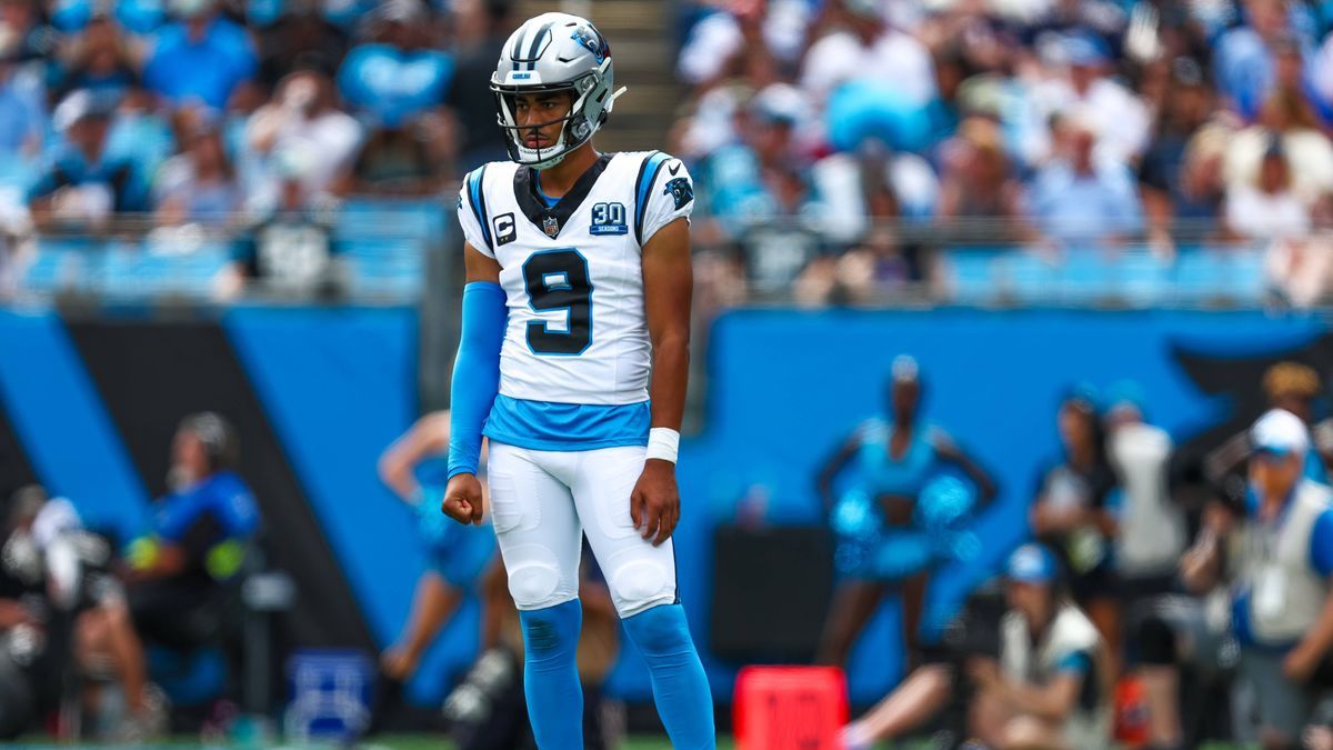 CHARLOTTE, NC - SEPTEMBER 15: Bryce Young 9 of the Carolina Panthers looks on during a football game against the Los Angeles Chargers at Bank of America Stadium on September 15, 2024 in Charlotte, ...