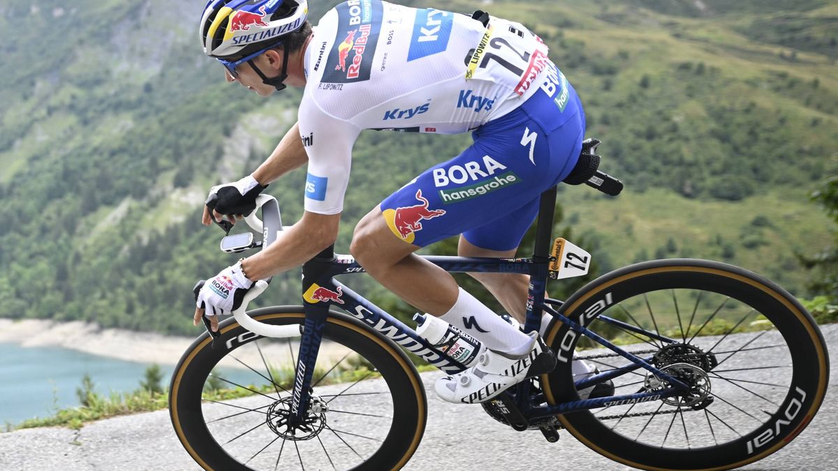 German Florian Lipowitz of RedBull-BORA-hansgrohe pictured in action during stage 19 of the 2025 Tour de France cycling race, from Albertville to La Plagne (130km), on Friday 25 July 2025 in France...