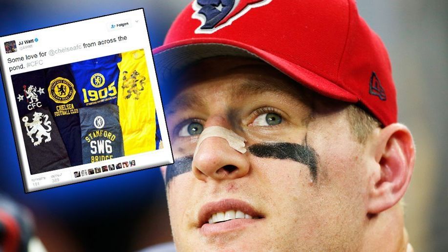 <strong>J.J. Watt</strong><br>
                J.J. Watt ist zu seinen aktiven Zeiten ein großer Fan des FC Chelsea gewesen. Der Defensive End, der den Großteil seiner Karriere bei den Houston Texans verbrachte, hatte sich 2014 via Twitter offen zu den Blues bekannt. Das größte Fußball-Highlight in Watts Leben? Er feierte 2014 an der Stamford Bridge den Meistertitel Chelseas ausgiebig.