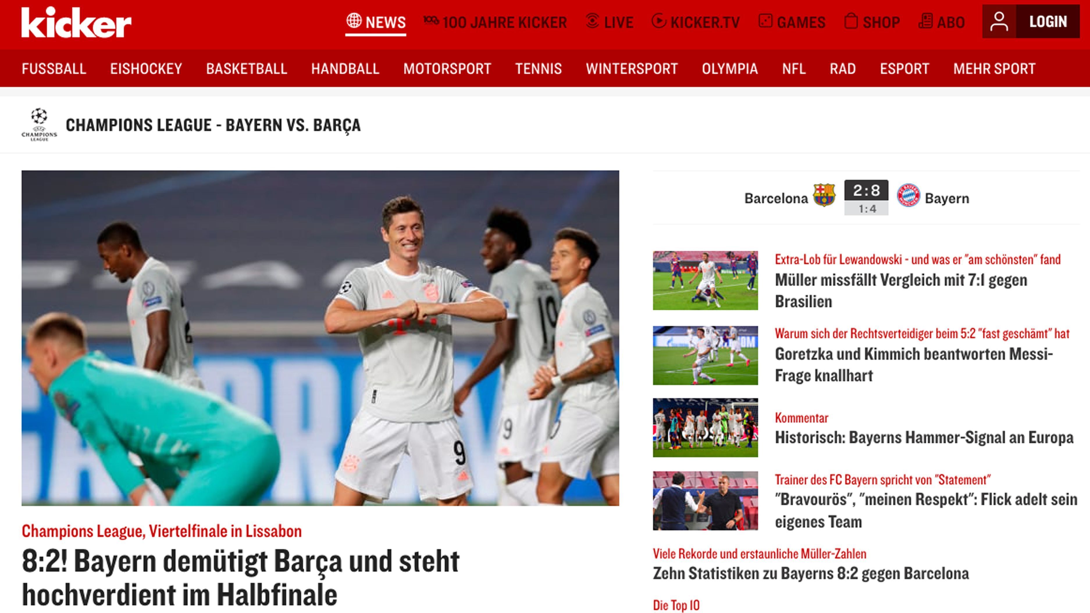 
                <strong>Deutschland</strong><br>
                Kicker: 8:2: Bayern demütigt Barca und steht hochverdient im Halbfinale
              