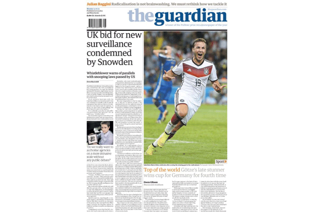 
                <strong>The Guardian (England)</strong><br>
                "The Guardian" schreibt unter dem Jubelbild vom Torschützen Mario Götze: "Top of the world - Götze's late stunner wins cup for Germany for fourth time."
              