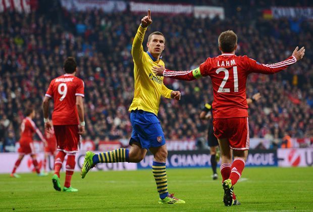 
                <strong>FC Bayern München - FC Arsenal 1:1</strong><br>
                Der Ex-Bayer Lukas Podolski lässt das nicht lange auf sich sitzen. Nur drei Minuten später setzt er sich gegen Lahm durch und drischt den Ball in den Winkel. Müller verschießt kurz vor Schluss noch einen Elfmeter. Bayern steht trotzdem im Viertelfinale.
              