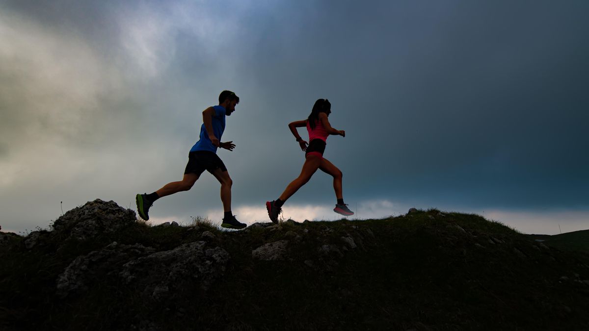 10.000 Schritte Gesundheit Fitness Bewegung Joggen Mann Frau auf Berg 391600382