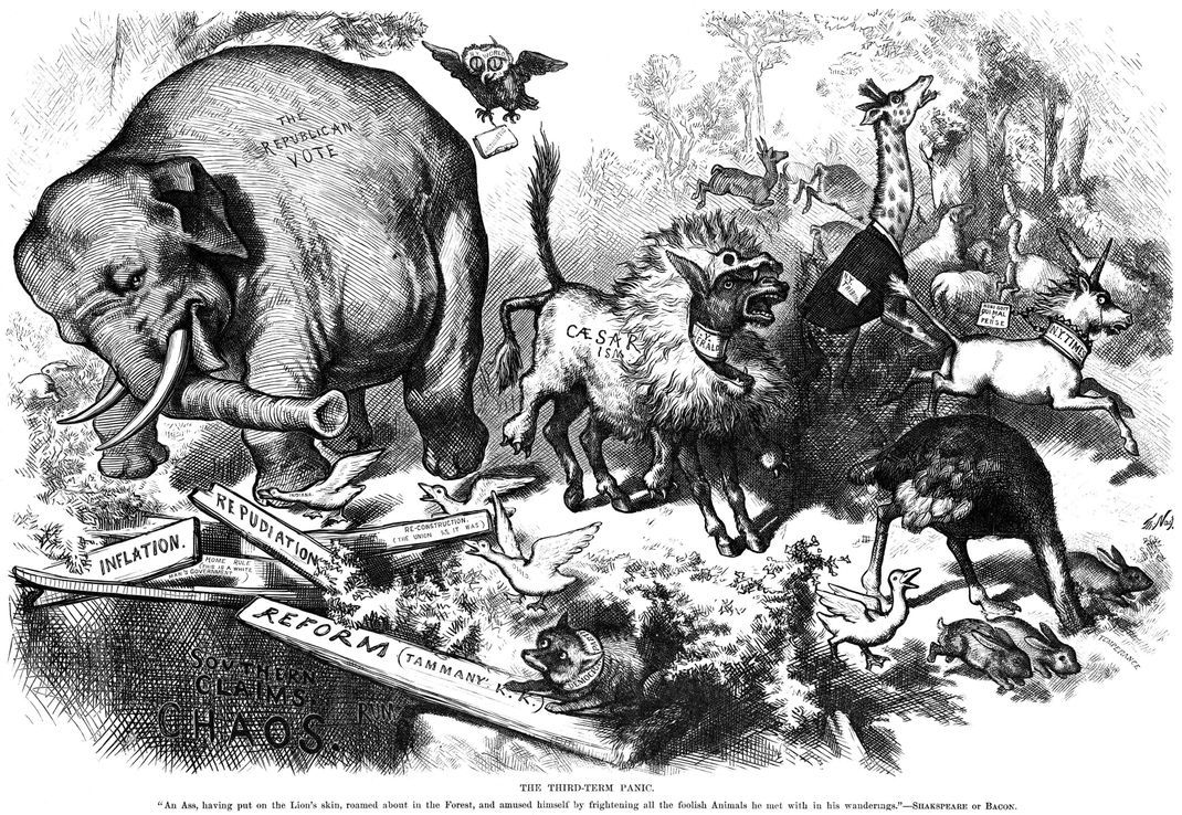 Diese Zeichnung von Thomas Nast aus dem Jahr 1874 stellte Republikaner erstmals als Elefant dar.