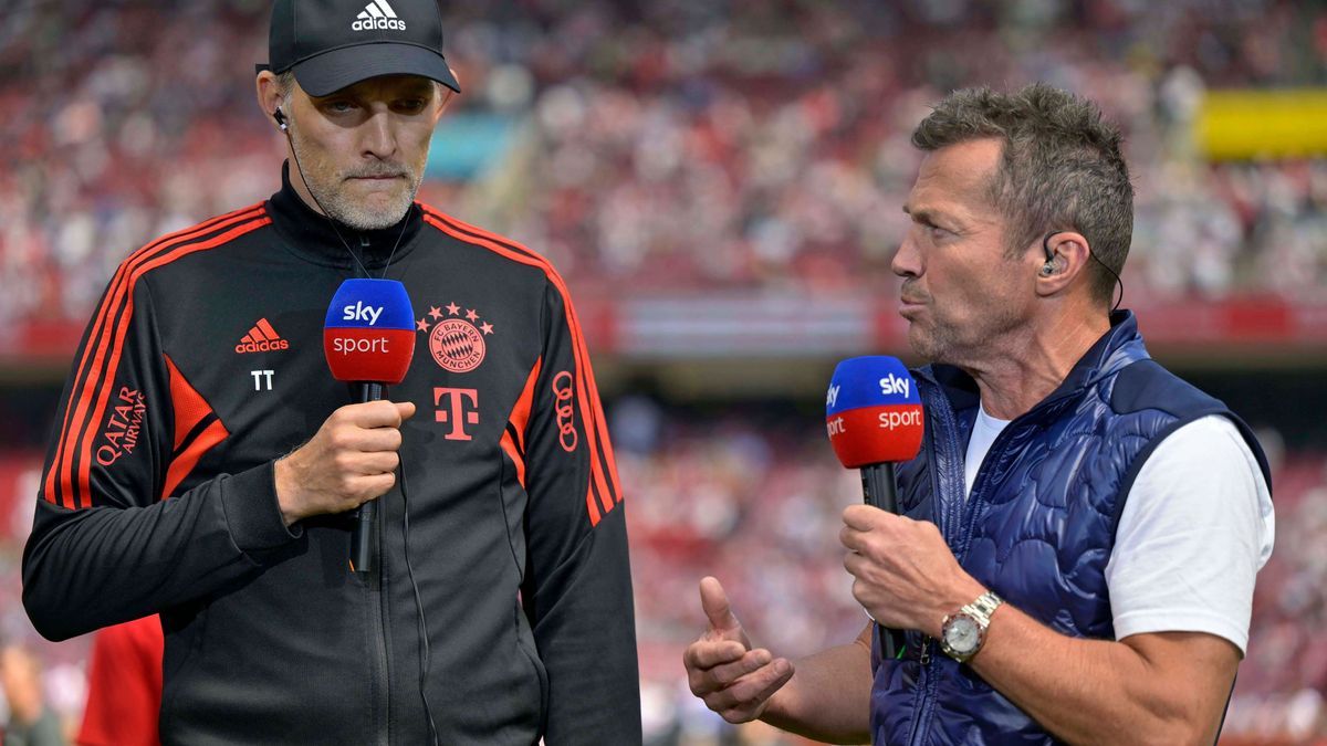 27.05.2023, Fussball 1. Bundesliga 2022 2023, 34.Spieltag, 1.FC Köln - FC Bayern München, Rhein-Energie-Stadion Köln, v.l. Trainer Thomas Tuchel (FC Bayern München) und Sky Experte Lothar Matthäus ...