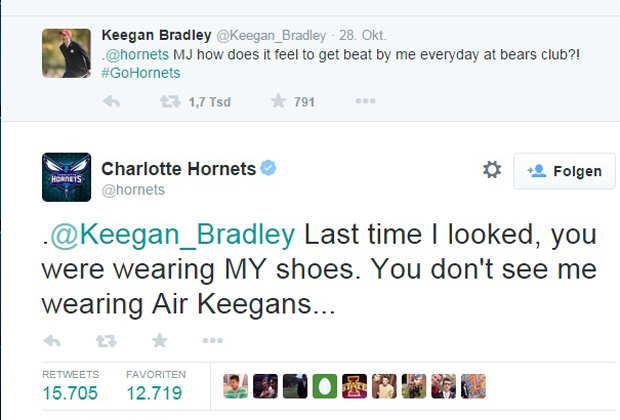 
                <strong>Michael Jordan mit der perfekten Antwort</strong><br>
                Die Antwort der Basketball-Legende kommt promt: "Das letzte Mal hast Du MEINE Schuhe getragen. Du wirst mich nie Air Keegans tragen sehen!" - Das hat gesessen.
              