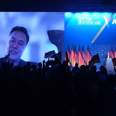 25. Januar 2025, Sachsen-Anhalt, Halle (Saale): US-Milliardär Elon Musk live während eines Grußwortes beim Auftritt von Alice Weidel während des Wahlkampfauftakts der AfD
