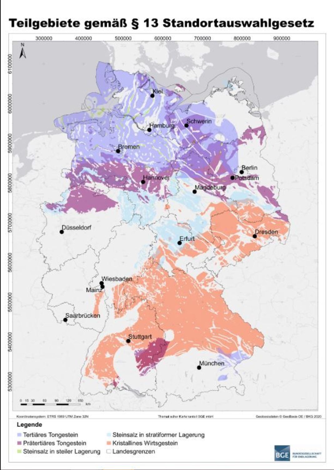 Die Bundesgesellschaft für Endlagerung hat insgesamt 90 Gebiete für geeignete Endlager-Standorte erklärt. Geeignet sind Salz- (grün und hellblau), Ton- (blau und lila) oder Kristallin-, also vor allem Granit-Gestein (orange).