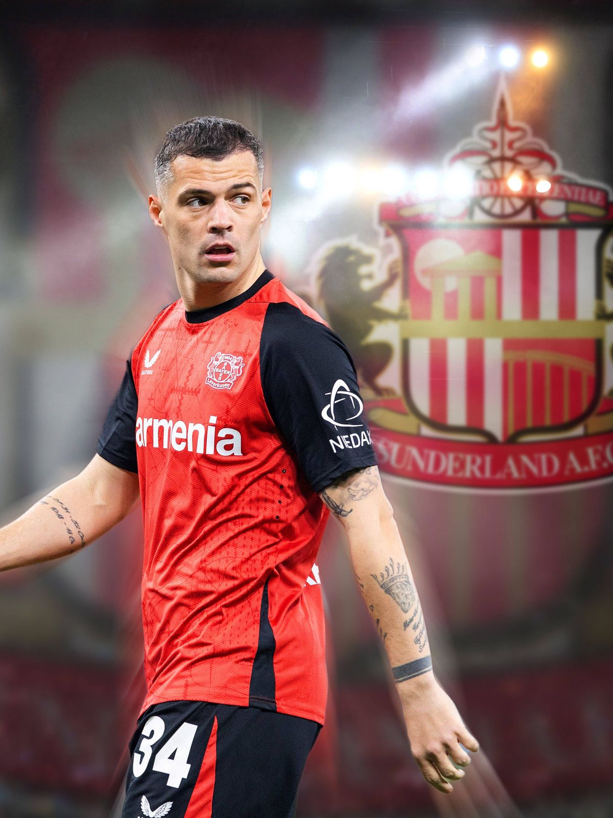 FOTOMONTAGE:Granit Xhaka (Bayer 04 Leverkusen, 34) zieht es zu AFC Sunderland in die Premier League. ARCHIVFOTO. *** PHOTO montage Granit Xhaka Bayer 04 Leverkusen, 34 moves to AFC Sunderland in th...