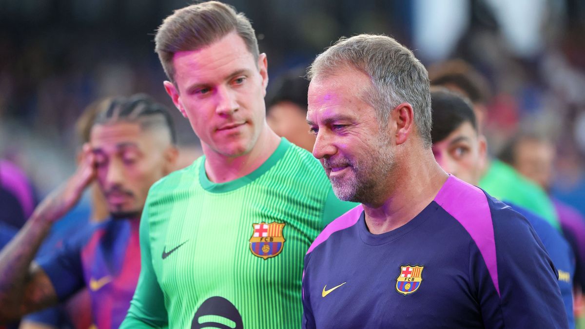 FC Barcelona, Barca v Como1907 - Joan Gamper Trophy Hansi Flick and Marc-Andre ter Stegen present the 2025-26 FC Barcelona squad at the Johan Cruyff Stadium in Barcelona, Spain, on August 10, 2025....
