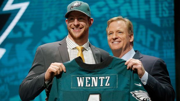 
                <strong>Platz 9 - Carson Wentz (Philadelphia Eagles), Quarterback</strong><br>
                Platz 9 - Carson Wentz (Philadelphia Eagles), Quarterback: Der Draft bringt den Nummer-2-Pick in den Medienmittelpunkt. Und dort hält er sich weiterhin. Die Fans sind an seinem Trikot und weiteren Utensilien stark interessiert.
              