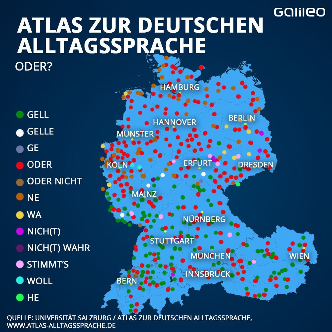Atlas zur Deutschen Sprache: So sagt man in unterschiedlichen Regionen zu dem Ausdruck "Oder?".