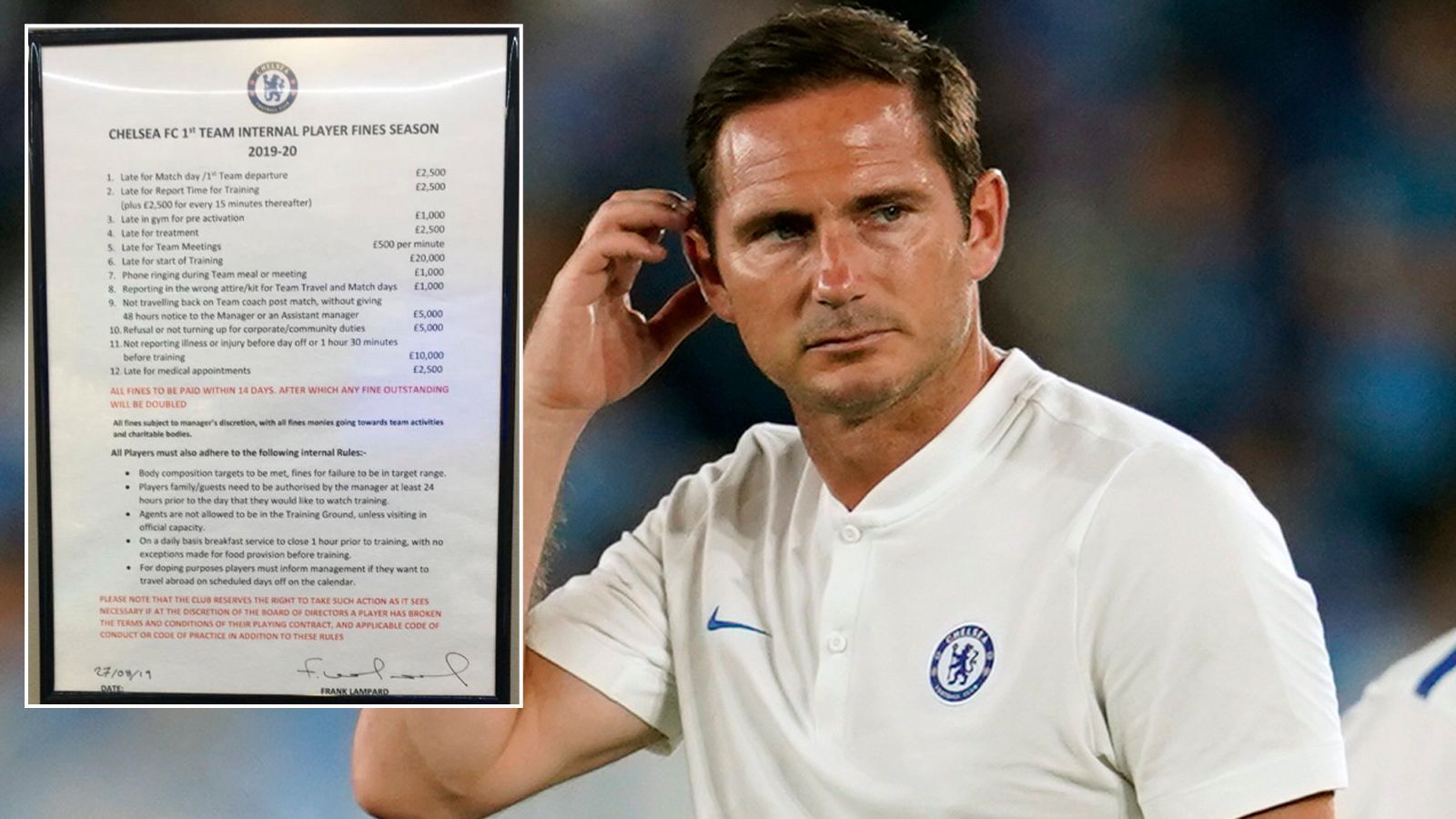 
                <strong>FC Chelsea: Der Strafenkatalog von Coach Frank Lampard</strong><br>
                Bei Europa-League-Sieger Chelsea hat seit einigen Monaten Vereins-Ikone Frank Lampard als Trainer bzw. Manager das Sagen. Nun wurde der zwölf Punkte umfassende Strafenkatalog Lampards bei den "Blues" veröffentlicht. ran.de zeigt, wie viel die Chelsea-Stars für welches Vergehen bezahlen müssen.
              