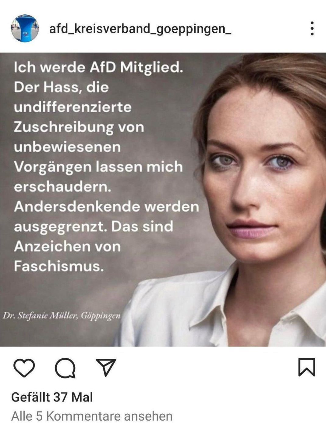 Ein Screenshot des Instagram-Posts des AfD-Kreisverbandes Göppingen zeigt ein durch eine Künstliche Intelligenz (KI) erstelltes Foto einer Frau.