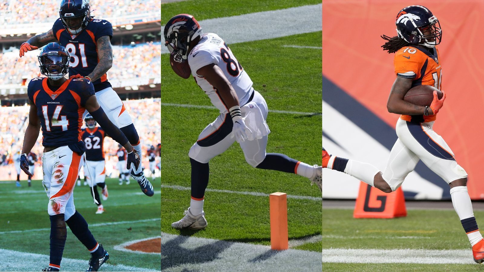 
                <strong>Platz 8: Denver Broncos </strong><br>
                Das offensive Fragezeichen bei den Denver Broncos in der kommenden Saison liegt ganz klar auf der Quarterback-Position, denn das Receiving Corps in "Mile High City" kann sich sehen lassen. Nach schwerer Verletzung kehrt Courtland Sutton (l.) als Nummer-Eins-Receiver zurück, obwohl er selbst sein volles Potenzial noch nicht erreicht hat. Ihm gegenüber steht mit Jerry Jeudy (r.) einer der talentiertesten Passempfänger, der bei gleichbleibender Entwicklung schon in Kürze zu den ganz Großen aufsteigen könnte. Dazu gesellen sich Tim Patrick (2. l.), der in der vergangenen Saison für Sutton in die Bresche sprang sowie K.J. Hamler, der mit seiner Geschwindigkeit jede Defense der Liga beschäftigen kann. Als Tight End steht Noah Fant (2. r.) unter Vertrag, der in der kommenden Saison ebenfalls den Schritt in die oberste Gruppe auf seiner Position schaffen könnte. 
              
