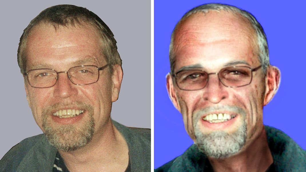 Die Bild-Kombo zeigt Fahndungsfotos, veröffentlicht vom Landeskriminalamt Niedersachsen, das den früheren RAF-Terroristen Ernst-Volker Staub im Jahr 2002 zeigt (links), und ein vom LKA angefertigtes Aging-Foto, wie Staub heute, im Alter von 69 Jahren aussehen könnte.