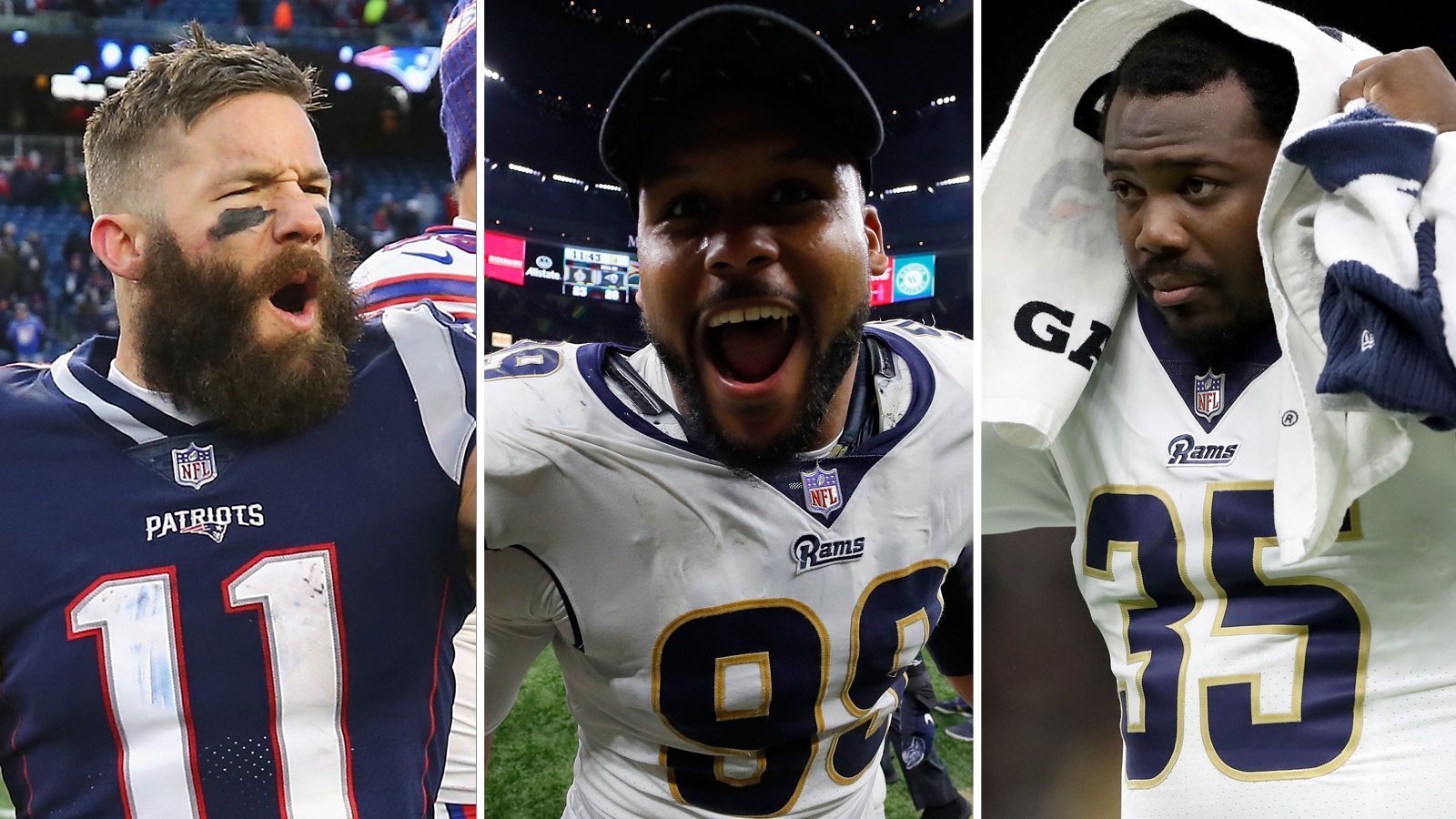 
                <strong>Die vollen Namen der Super-Bowl-Stars</strong><br>
                Los Angeles Rams gegen New England Patriots lautet die Paarung des Super Bowl LIII. Auf und neben dem Feld tummeln sich die Stars, die sich spätestens in den vergangenen Wochen einen Namen gemacht haben. Aber wer kennt schon die kompletten Vornamen von Julian Edelman, Aaron Donald oder C.J. Anderson (v.l.)? ran.de klärt auf.
              