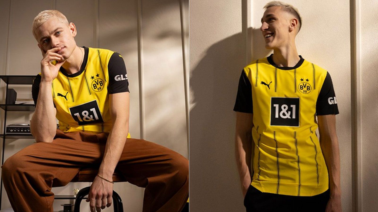 <strong>Borussia Dortmund</strong><br>Vor dem abschließenden Heimspiel gegen den SV Darmstadt 98 lässt Borussia Dortmund die Katze oder eben das neue Trikot aus dem Sack. Neben den Längsstreifen fallen die schwarzen Ärmel auf. Nico Schlotterbeck (r.) scheint sich in dem Stück Stoff bereits wohl zu fühlen, Julian Ryerson denkt noch kurz über seine Meinung nach.